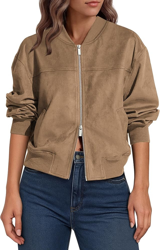 Lazysmile Women's Faux Suede Bomber Jackets Fall Fashion Outfits Winter Clothes Stand Collar Zip ... | Amazon (US)
