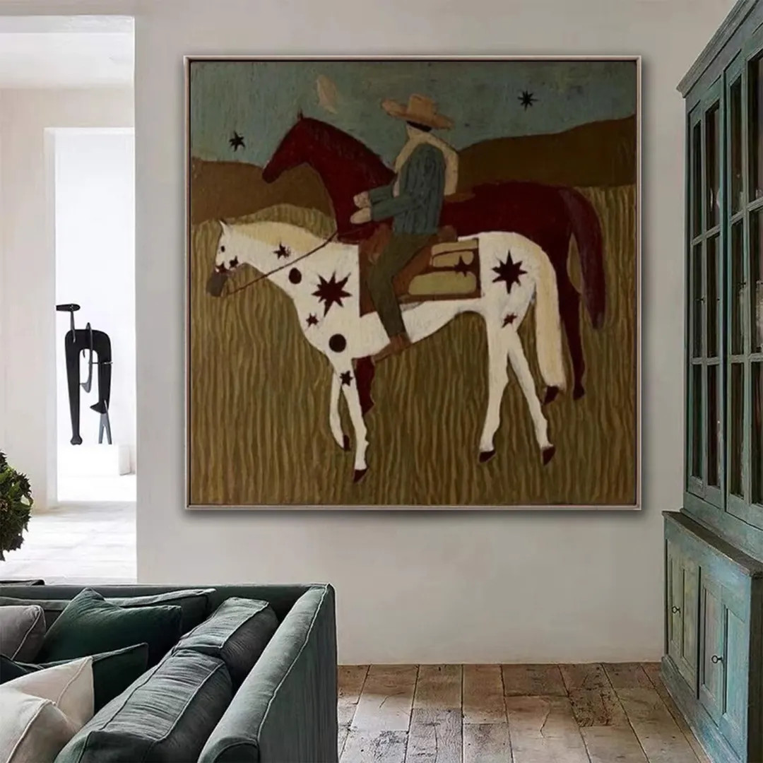 Vintage Western Cowboy & Horses Oil Painting Folk Art Style Night Prairie Wall Decor Rustic Star-... | Etsy (US)