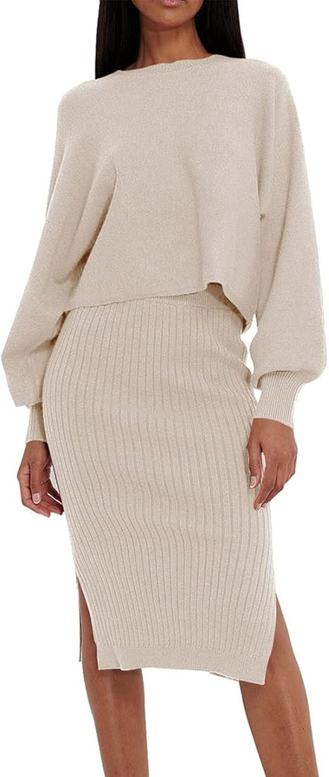 Meenew Women's 2 Piece Dress Long Sleeve Crop Sweater High Slit Ribbed Midi Bodycon Skirt Set | Amazon (US)