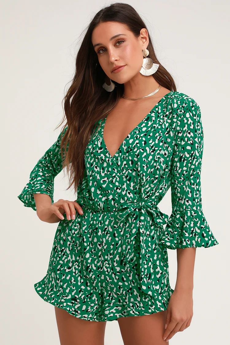 Make Moves Green and Black Print Flounce Sleeve Romper | Lulus (US)