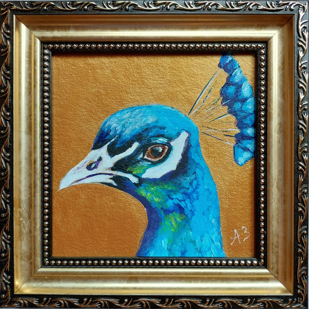 Peacock Painting Original Portrait Blue Bird Artwork Small Framed Gold Art Small Bird Lover Gift ... | Etsy (US)