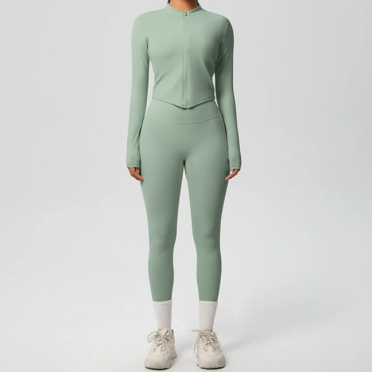 Karight Womens Workout Sets 2 Piece Seamless Yoga Outfits Long Sleeve Zipper Jacket High Waist Le... | Walmart (US)