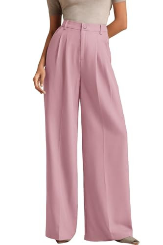ELLEVEN Work Pants Women Wide Leg Dress Pants Business Casual Palazzo Flowy Trousers Elastic High Waisted Suit Slacks Dressy Office Trousers with Pleats Pink Small | Amazon (US)