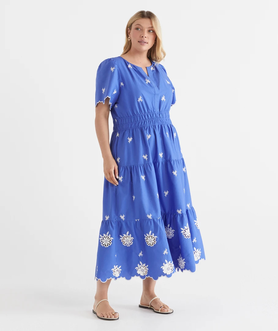 Tiered Embroidered Short Sleeve Maxi Dress - Blue | Sussan