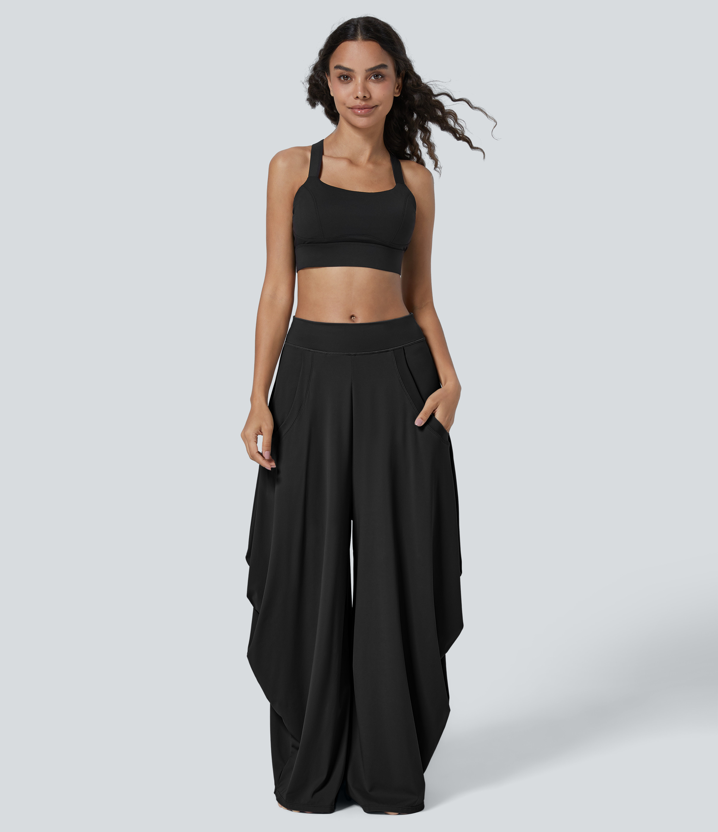 Mid Rise Pockets Draped Wide Leg Baggy Casual Pants | HALARA