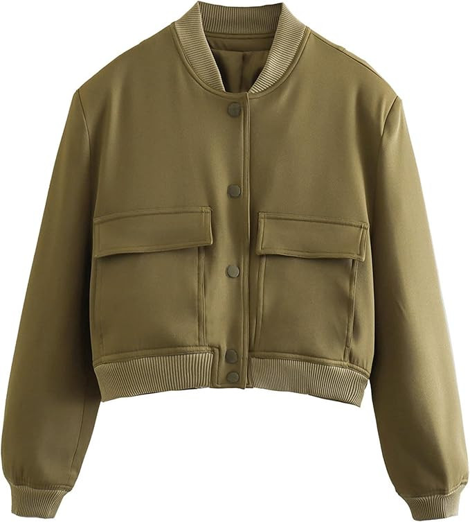 Buenoble Crop Street Bomber Jacket Women Casual Button Up Solid Color Varsity Jacket with Two Big... | Amazon (US)