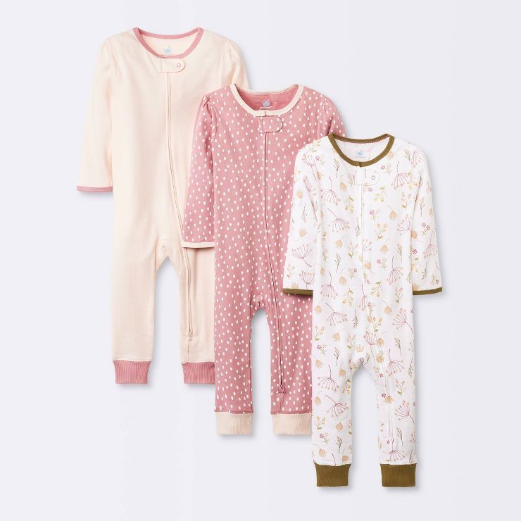 Baby 3pk Prairie Floral Zip-Up Romper - Cloud Island™ Pink | Target