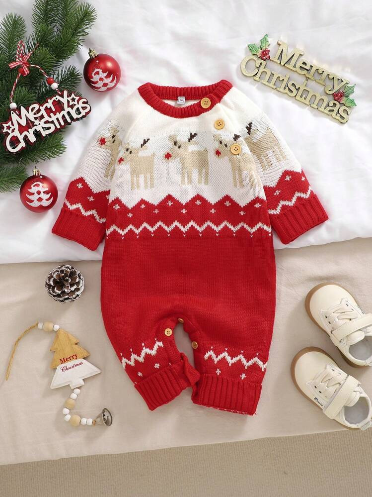 1pc Baby Girl Knitted Romper, Infant One-Piece Jumpsuit For Winter, Cozy & Soft Xmas Outfit For N... | SHEIN