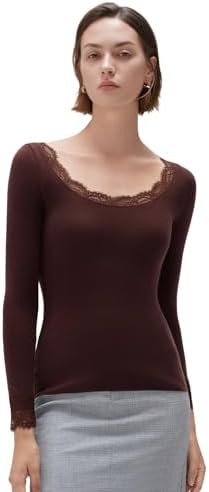 SUUKSESS Cloud Cashmere Women Lace Scoop Neck Tops Basic Long Sleeve Knit Shirts | Amazon (US)