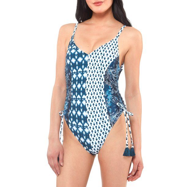 Jessica Simpson Women's Contemporary Batik Babe V Neck Maillot One Piece with Adjustable Side Tie... | Walmart (US)