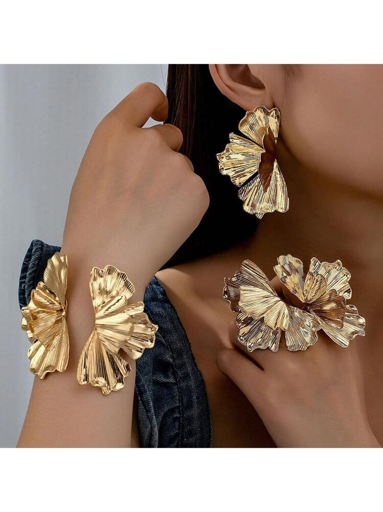 5pcs/Set Fashionable Jewelry Set, Including Metal Flower Rings, Earrings, Bracelets, Versatile And Luxurious Petal Accessories For Women | SHEIN