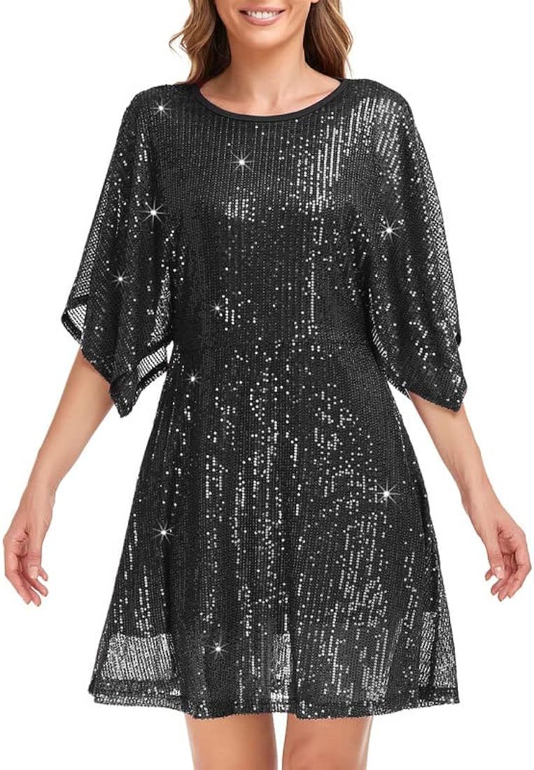 NOYIVA Womens Sequin Loose Dress Party Split Sleeves Casual Loose Mini Short Dresses | Amazon (US)