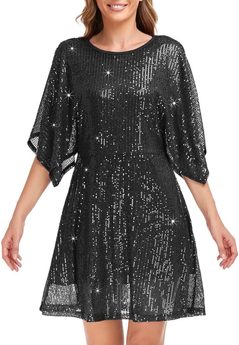 NOYIVA Womens Sequin Loose Dress Party Split Sleeves Casual Loose Mini Short Dresses | Amazon (US)