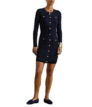 Lauren Ralph Lauren Button Ribbed Knit Round Neck Long Sleeve Sheath Dress - L | Dillard's