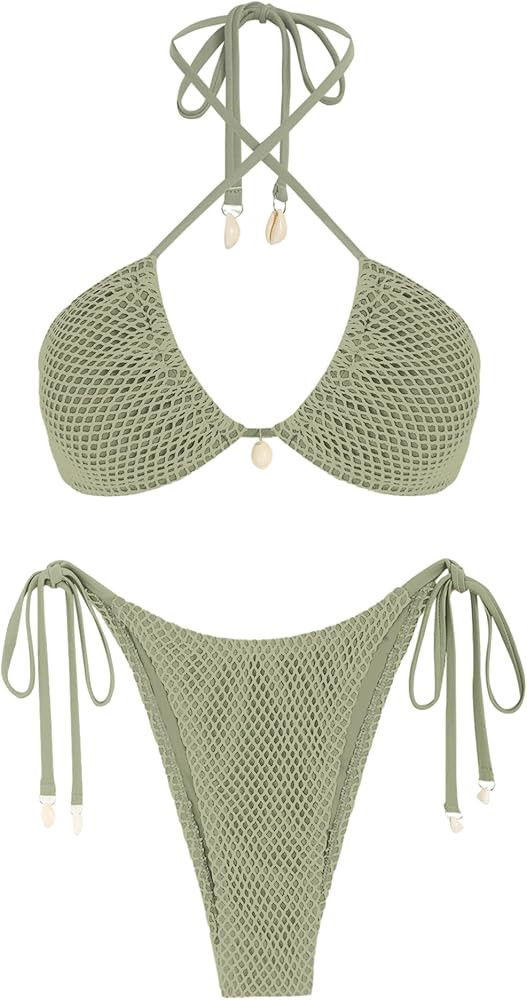 ZAFUL Women's Bikini Set Fishnet Triangle Tie Convertible Collar Halter Bandeau Shell Two Piece B... | Amazon (US)