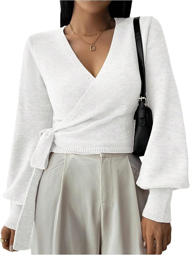 SOLY HUX Women's Long Sleeve V Neck Wrap Belted Sweater Elegant Office Knitted Crop Tops Fall Out... | Amazon (US)