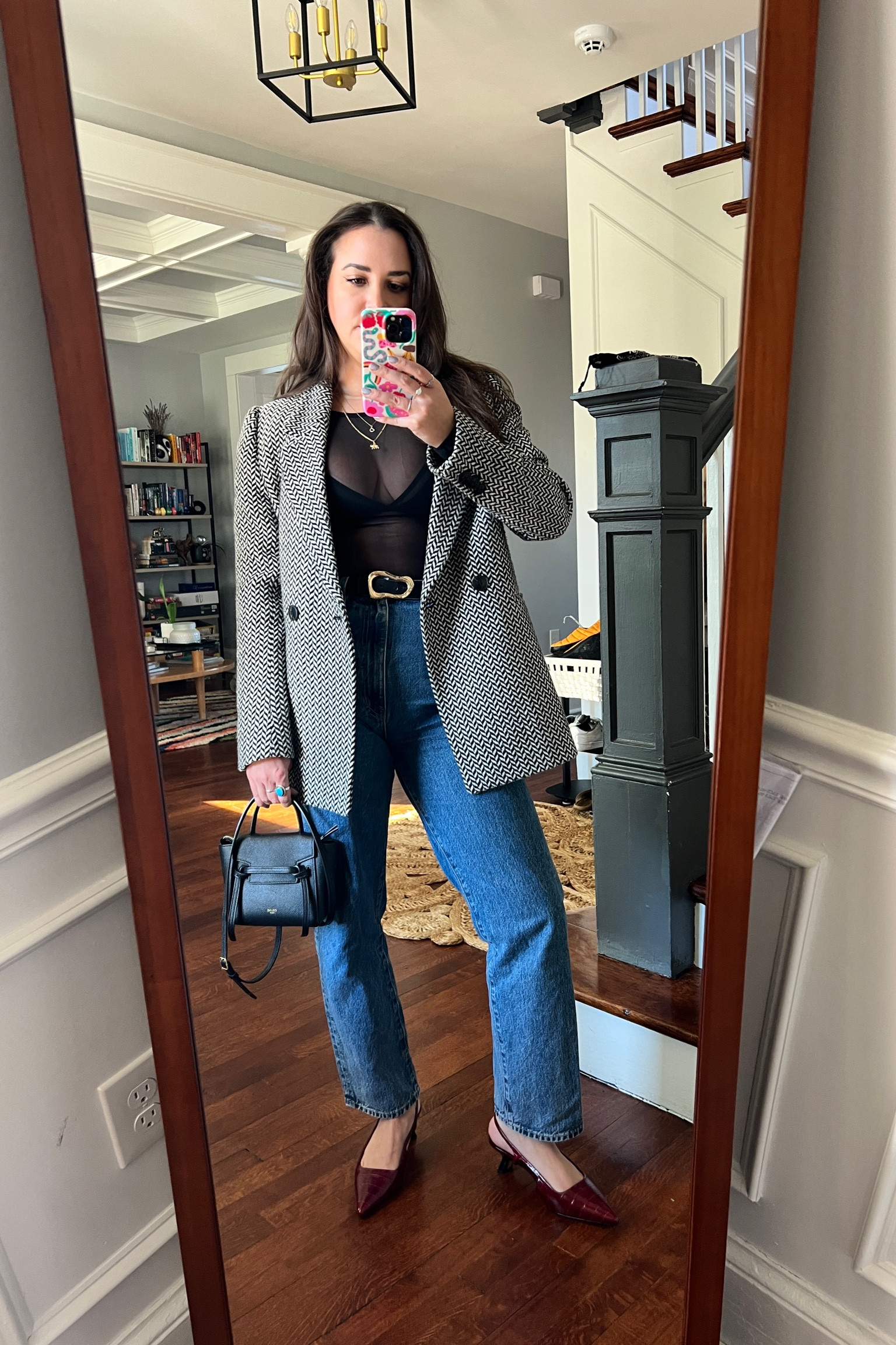 Oversized blazer. Blazer. Houndstooth. Sheer. Kitten heel. Vince. Slvrlake. Anine Bing. Celine. Belt bag. Style. Outfit. Holiday.

#LTKFindsUnder50 #LTKStyleTip #LTKHoliday