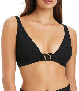 Sanctuary Stay Connected Long Line Triangle Swim Top & Solid Texture High Waist Swim Bottom | Dil... | Dillard's