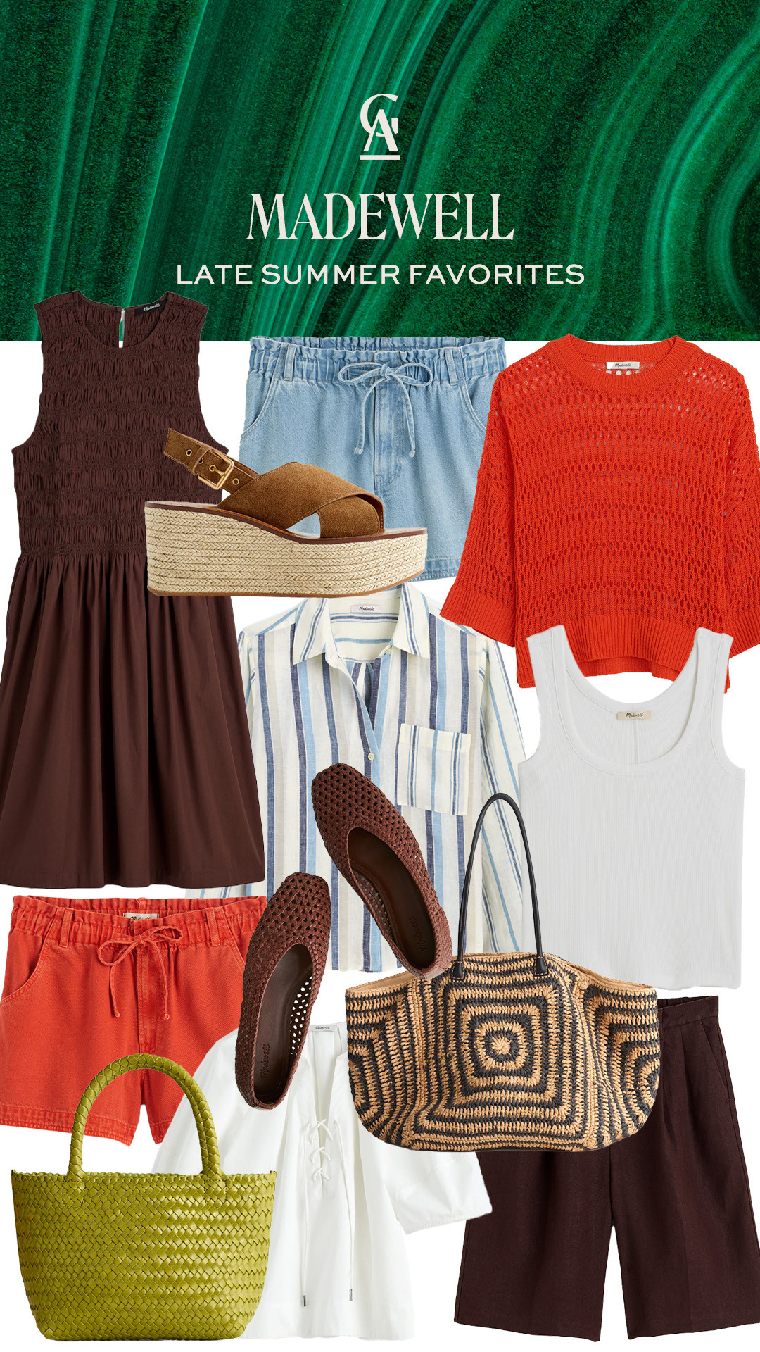 All of my end of summer favorites from @madewell! Living in these easy breezy basics in the prettiest hues of brown, red-orange, and chartreuse. #madewell #madewellpartner #ad 

 #LTKSeasonal #LTKOver40