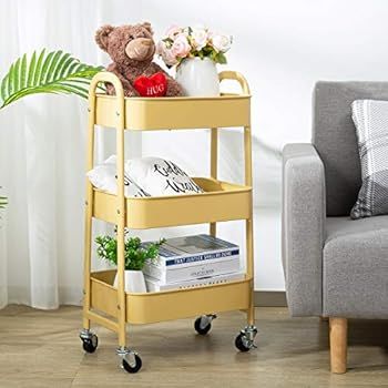 AGTEK Makeup Cart, Movable Rolling Organizer Cart, Khaki Yellow 3 Tier Metal Utility Cart | Amazon (US)