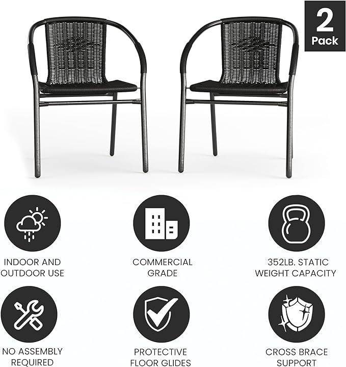 EMMA + OLIVER 2 Pack Black Rattan Indoor-Outdoor Restaurant Stack Chair with Curved Back | Amazon (US)