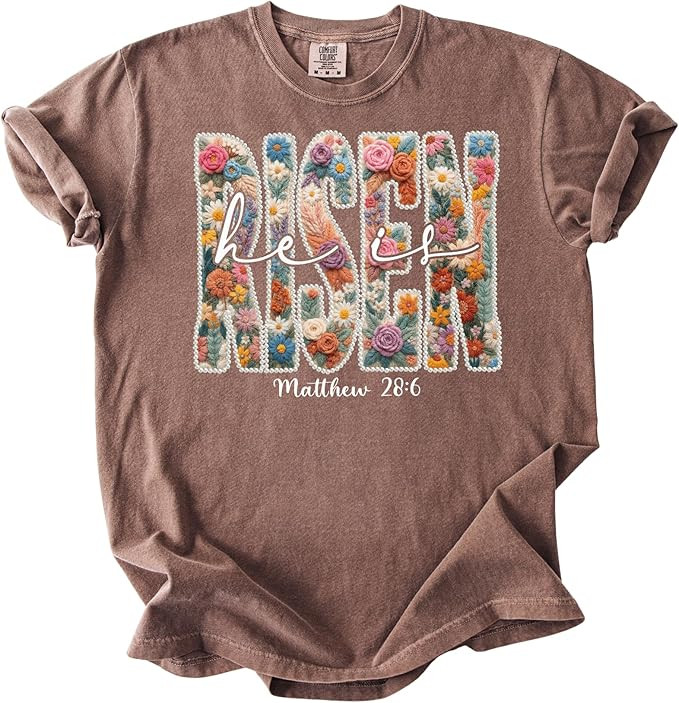 Comfort Colors He is Risen Christian T-Shirt Floral Matthew 28:6 Easter Faith Tee | Amazon (US)