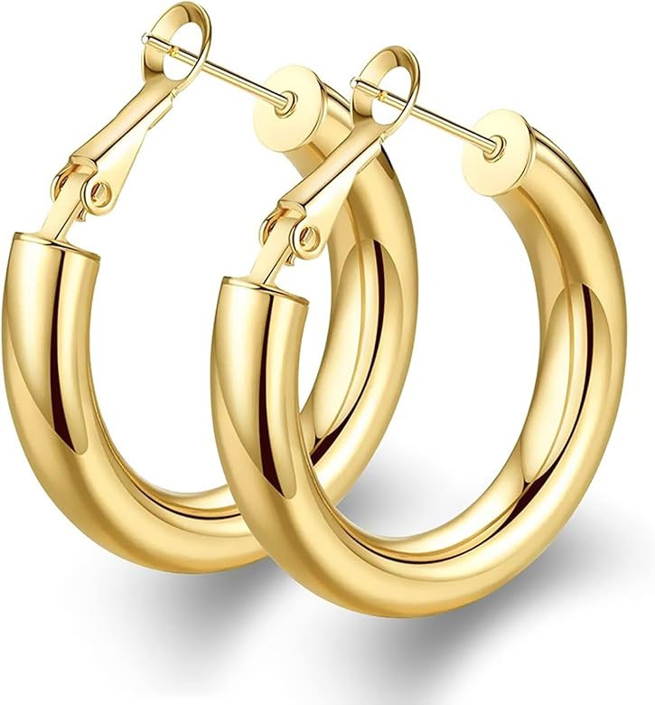 wowshow Thick Hoop Earrings Howllow 14K Gold Plated Gold Hoops for Women | Amazon (US)
