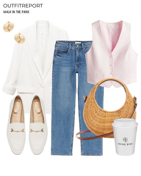 White blazer pink vest top blue denim jeans white loafers handbag 

#LTKshoecrush #LTKitbag #LTKstyletip