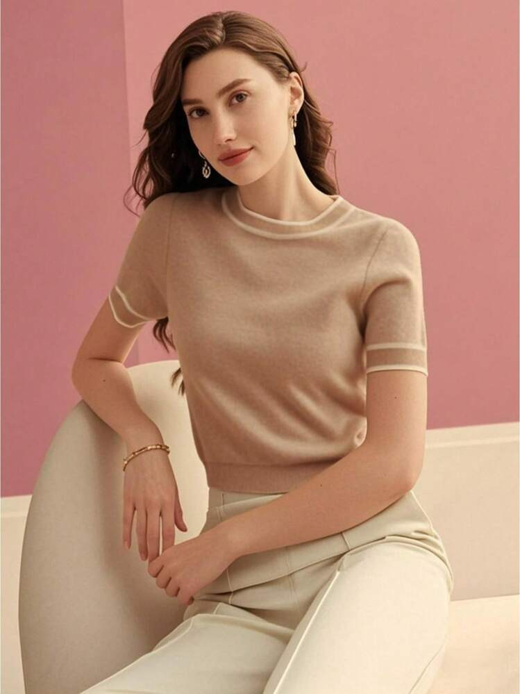 MOTF PREMIUM CONTRAST TRIM SHORT SLEEVE KNIT TOP KNIT PULLOVER FALL WINTER | SHEIN