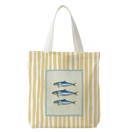 Cquwb Coastal Beach Sardines Fish Tote Bag for Women,Fish Gifts for Women,Yellow Beige Striped Fish Canvas Tote Bag,Nautical Ocean Sea Animal Reusable Shopping Grocery Bags | Amazon (US)
