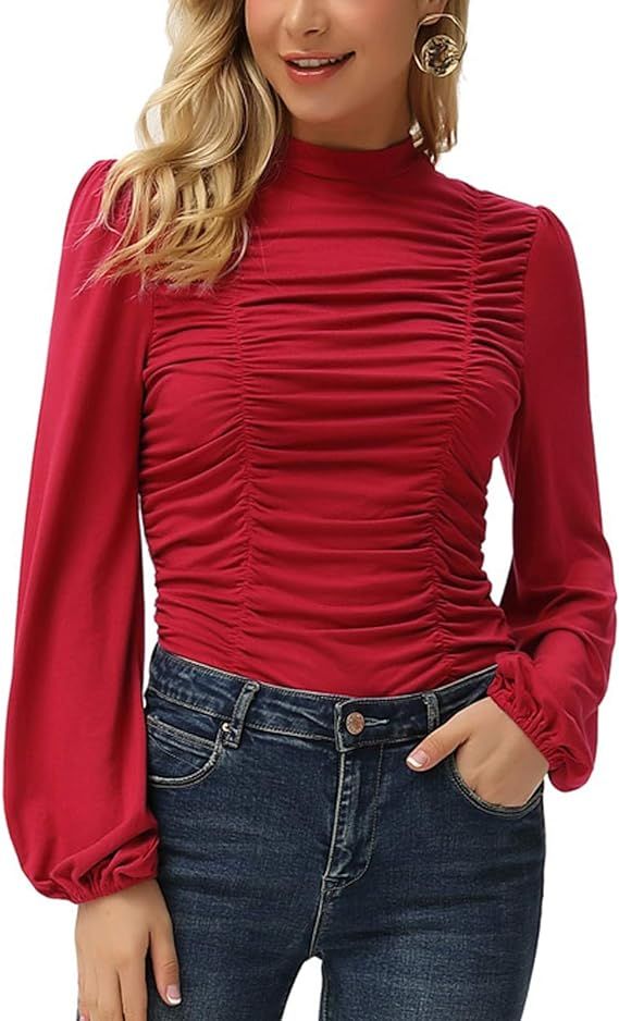 GRACE KARIN Womens Long Lantern Sleeve High-Neck Ruched Front Fitted Blouse | Amazon (US)