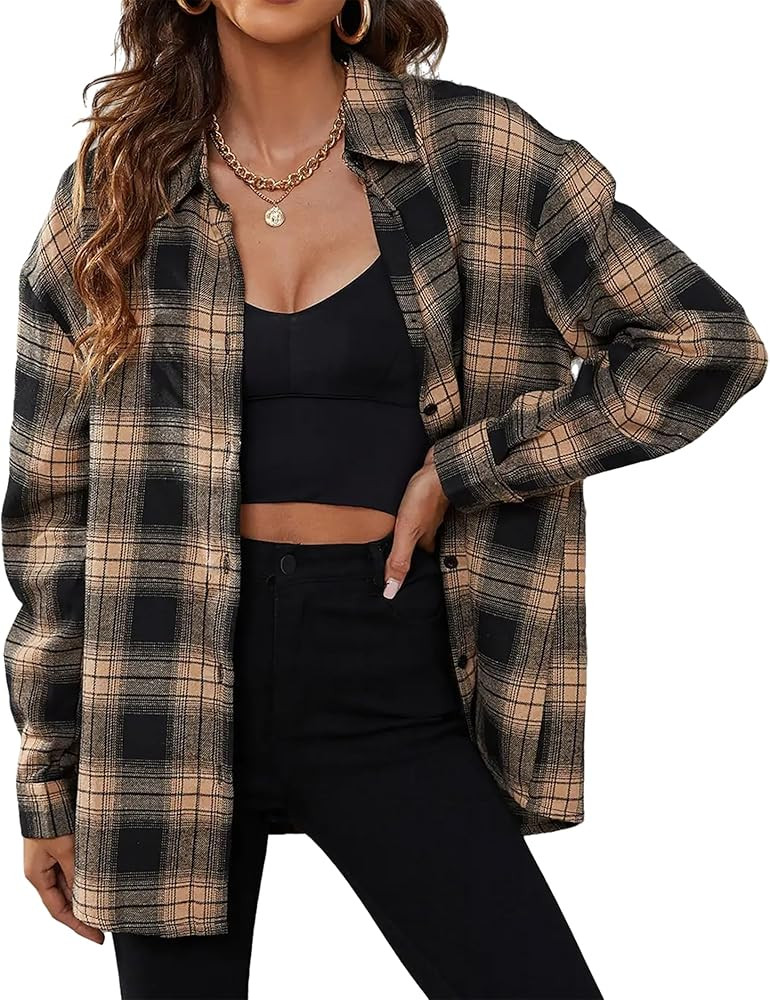 Oyamiki Womens Casual Cuffed Long Sleeve Boyfriend Button Down Plaid Flannel Shirt Tops | Amazon (US)