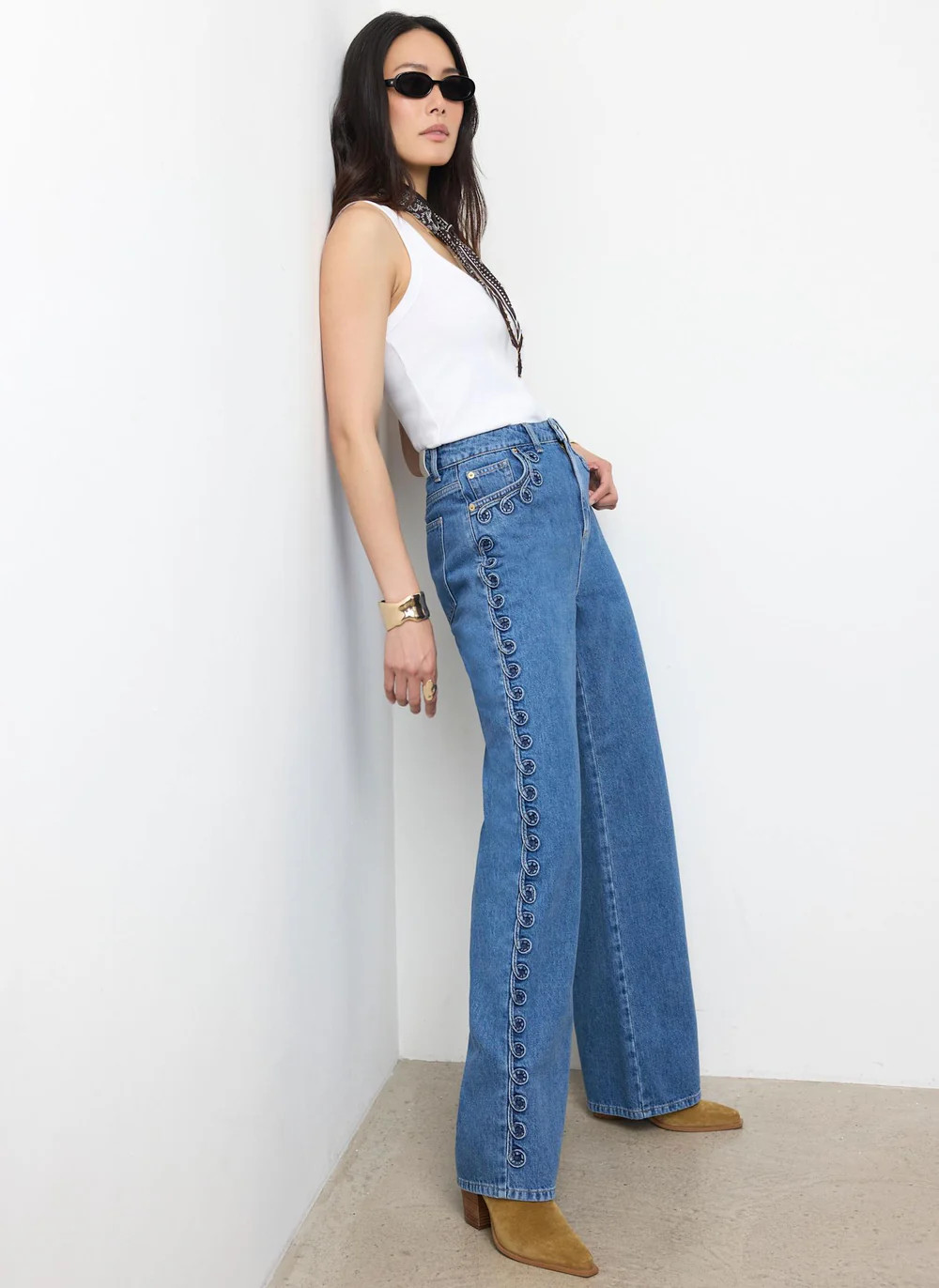 Mid Indigo Swirl Detail Wide Jeans | Mint Velvet