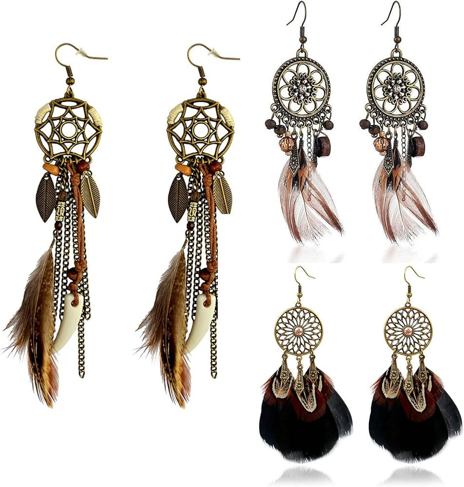 Feather Earrings for Women Dream Catcher Design Bohemian Tassel Long Dangle Native boho Earrings | Amazon (CA)