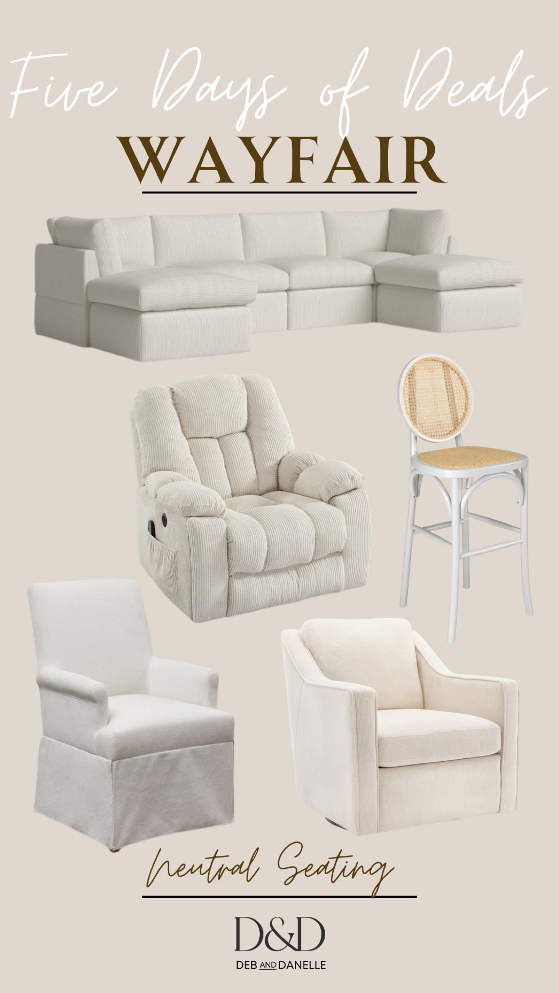 Wayfair’s 5 Days of Deals is currently going on and there are some great deals on neutral seating options for your home. From sectionals, recliners, dining chairs, or bar stools, they have some great options. 

#LTKxWayfair #LTKSaleAlert #LTKHome