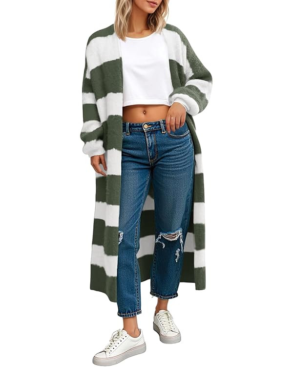 Saodimallsu Womens Striped Long Cardigan Sweaters Open Front Oversized Chunky Fuzzy Knit Fall Dus... | Amazon (US)