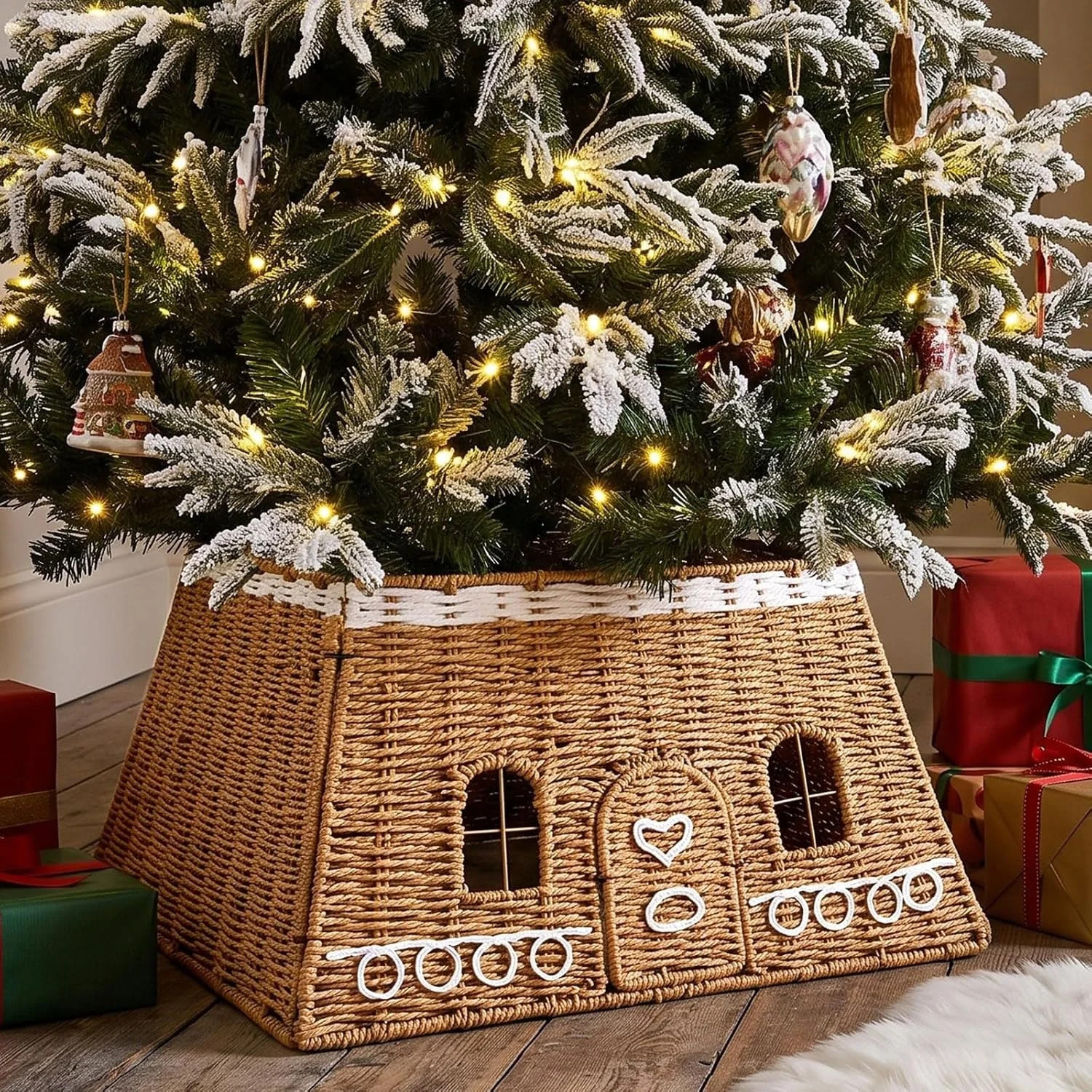 JES ENTERPRISES Christmas Gingerbread House Tree Collar, Rattan Brown Christmas Tree Base Cover | Wayfair | Wayfair North America
