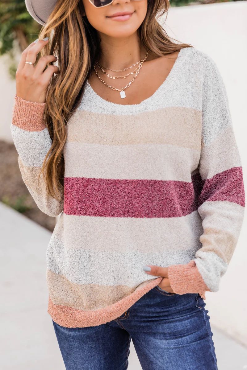 Warm Sunset Wishes Burgundy Striped Sweater | The Pink Lily Boutique