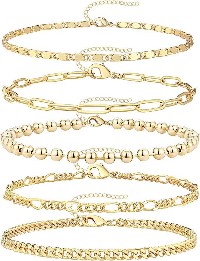 Reoxvo Valentines Day Gifts for Her - Dainty Gold Chain Bracelets Set for Women 14K Real Gold Pla... | Amazon (US)