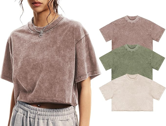 Womens Oversized Vintage T Shirts Casual Cropped Tees Short Sleeve Cotton Acid Wash Tops Summer G... | Amazon (US)