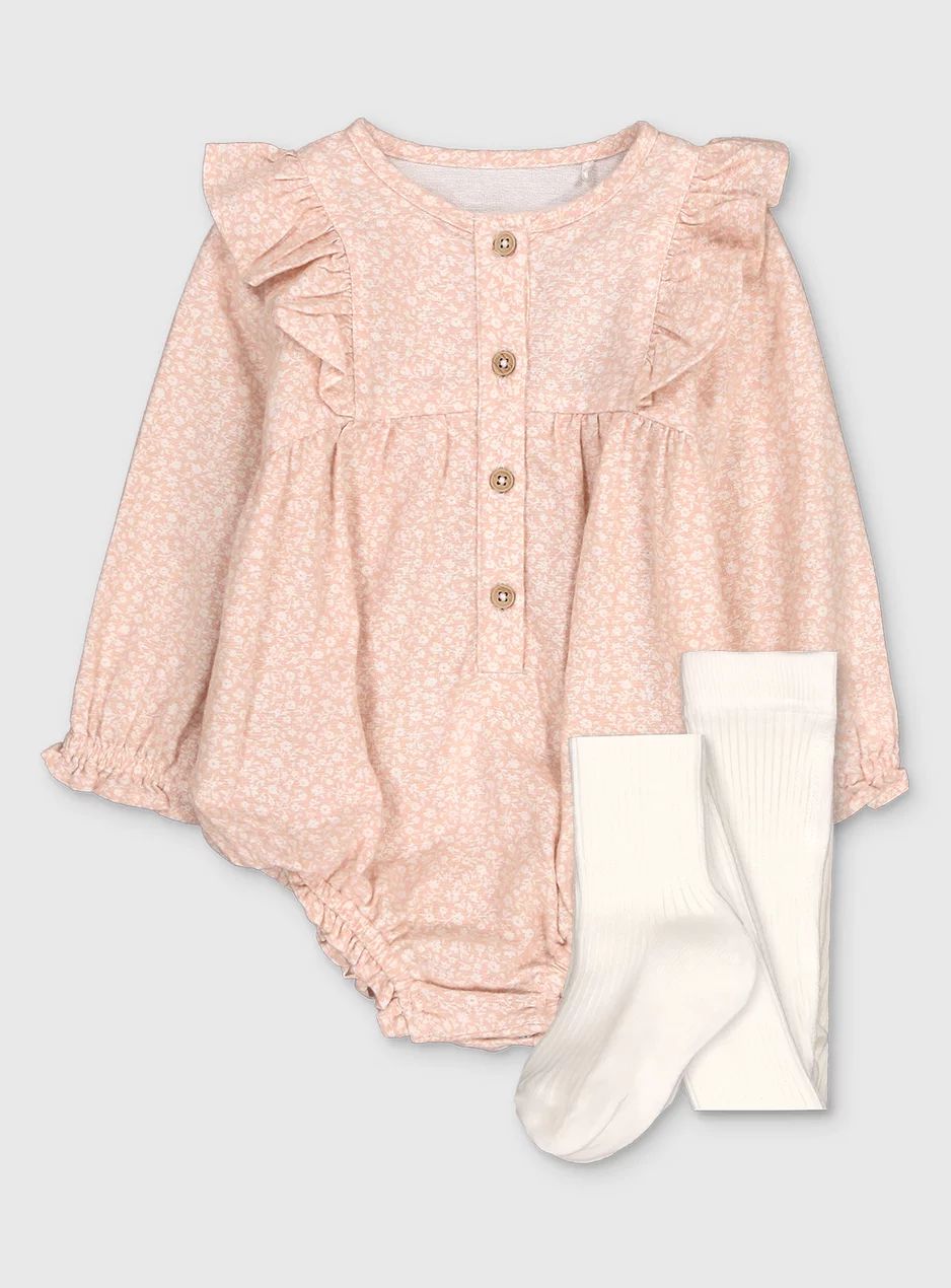 Pink Floral Bodysuit & Cream Tights (0-24 Months) | Tu Clothing