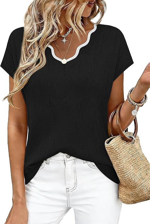 WIHOLL Womens Summer Tops Cap Sleeve Sweater V Neck Shirts Beach Vacation Clothes Business Casual... | Amazon (US)