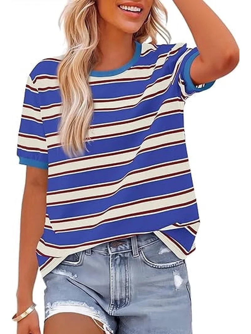 BTFBM Summer Tops for Women Crewneck Short Sleeve Striped T Shirts Casual Spring Clothes Color Bl... | Walmart (US)