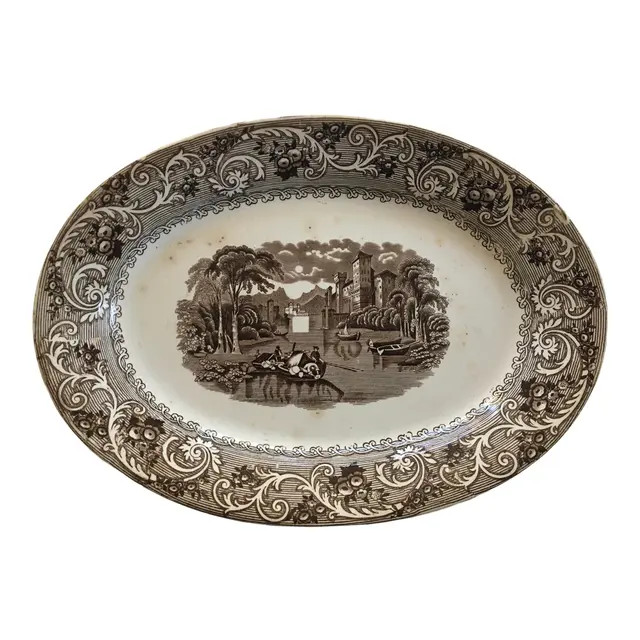 Mid 19th Century English Brown Transferware Ironstone Platter | Chairish