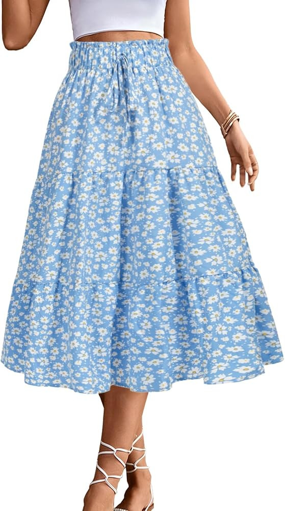BARASA Summer Women's Midi Skirts Boho High Elastic Waist Fake Drawstring Floral Print A line Cas... | Amazon (US)