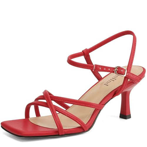 Women's Sandals Square Open Toe Kitten Heels Strappy Ankle Strap Heeled Sandals for Women Comfy Weddings Shoes Red 9.5 | Amazon (US)