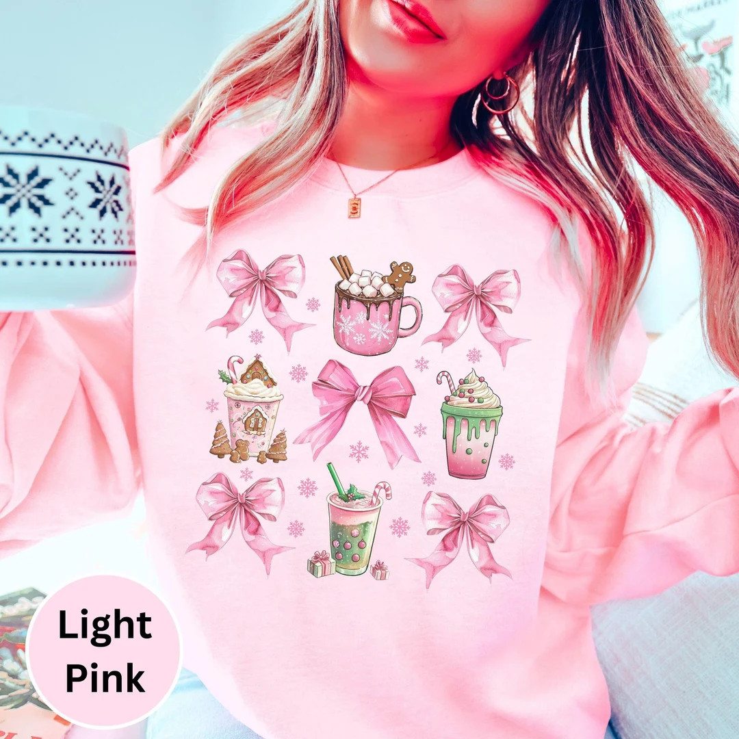Coquette Christmas Coffee Sweatshirt Pink Bow Coquette Clothes Coffee Lover Gift Holiday Winter S... | Etsy (US)