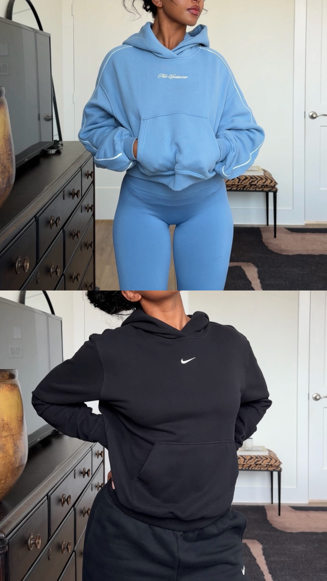 Today’s dilemma: oversized or standard fit? Lightweight or mediumweight? Currently making a strong case for both in @nikesportswear Studio Fleece.
Shop both hoodies + the full looks linked on my bio. #teamnike #hoodies #athleisure #nike #fleece #casualoutfitinspo