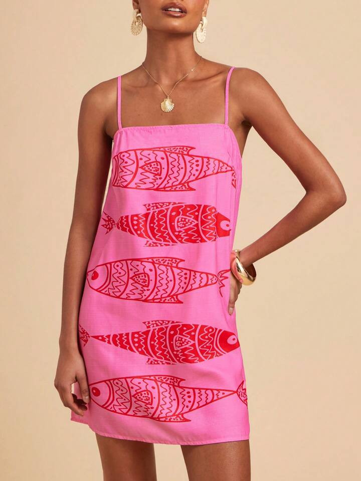 Travachic Spring/Summer Vacation,Sleeveless Printed Woven Mini Dress For Women,Boho Beach Wear Women's Spring And Summer Fashion Vacation Tropical Multi-Ugly Fish Print Casual And Comfortable Brunch Outfits For Women,Ocean Print,Summer Sun Dress,Mothers's Day,Mother And Daughter Dress.Retro Sardine Fish Print,Bohemian Clothes | SHEIN