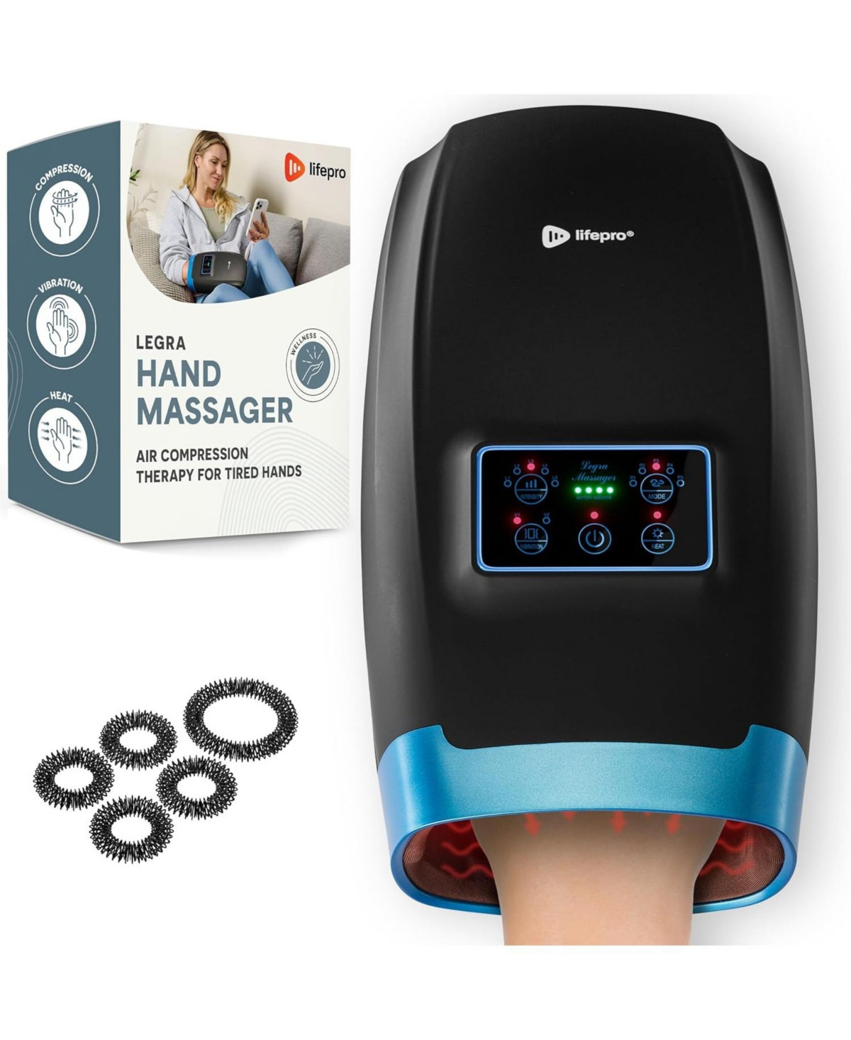 LifePro Legra Hand Massager with Heat & Compression – Heated Finger, Wrist & Palm Massager for Pressure Point Therapy - Black | Macy's